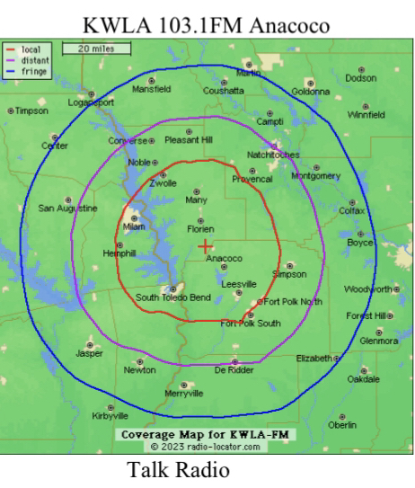 KWLA 103.1 FM coverage map