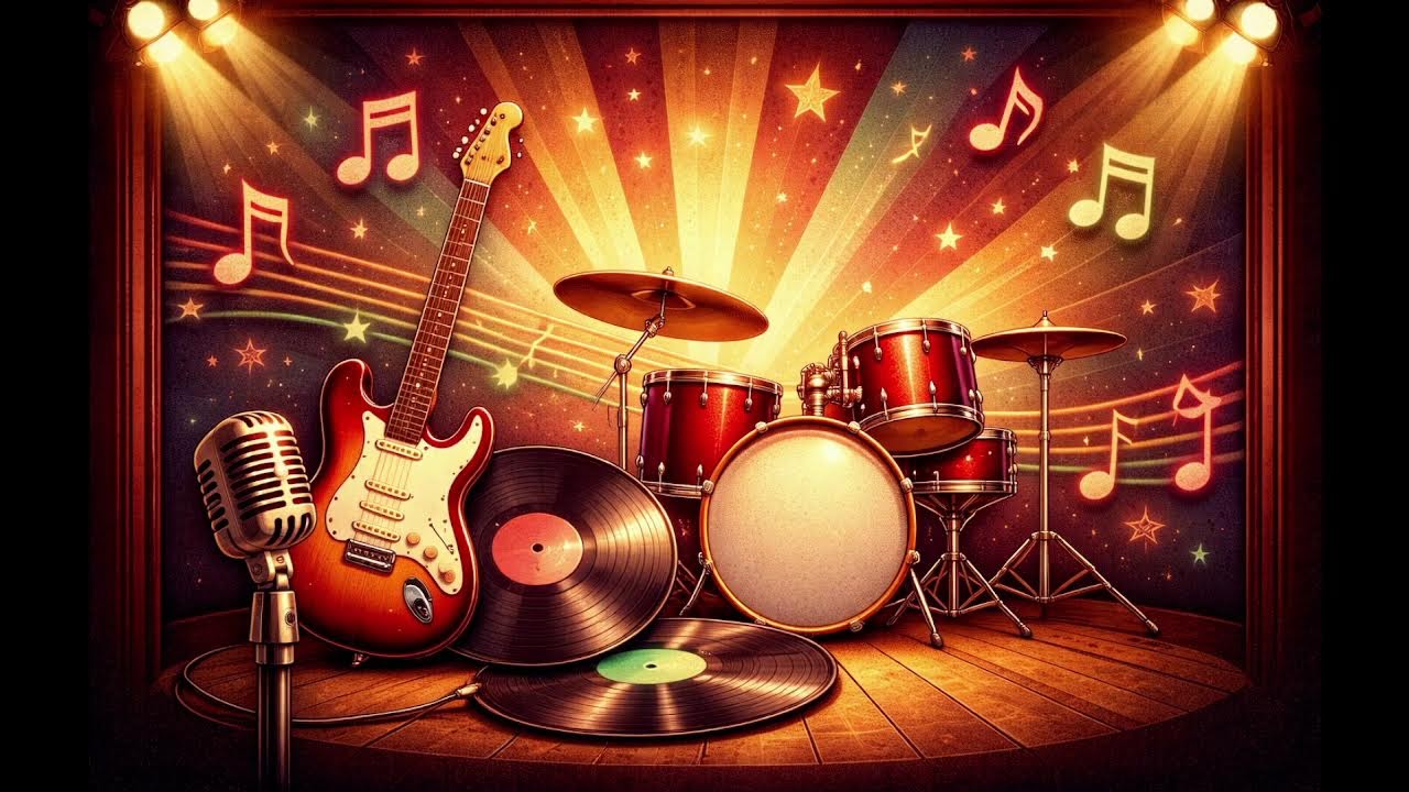 Jammin’ with Johnny show artwork featuring guitars, drums, records, and a vintage microphone